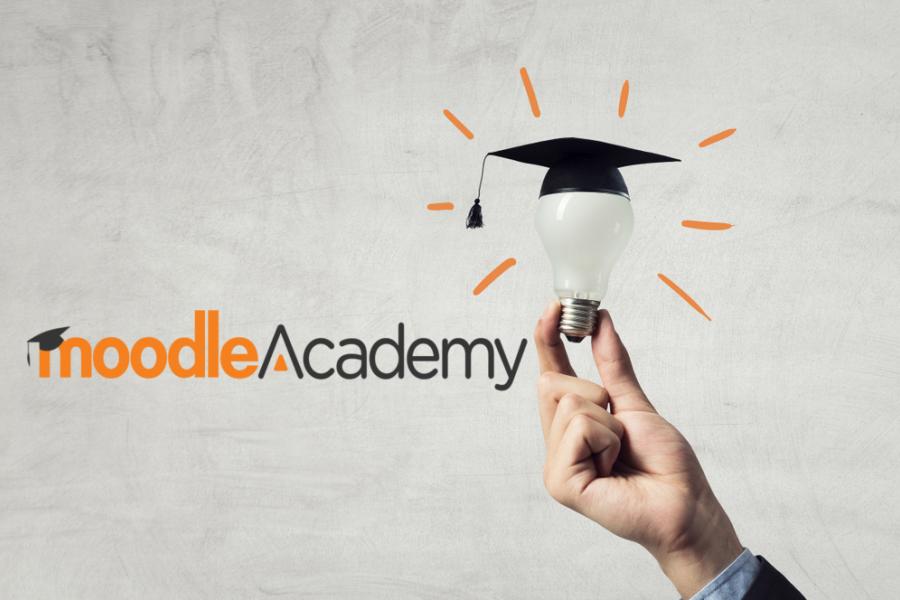 hand holding lightbulb that has a mortarboard sitting on top with Moodle Academy logo on the left